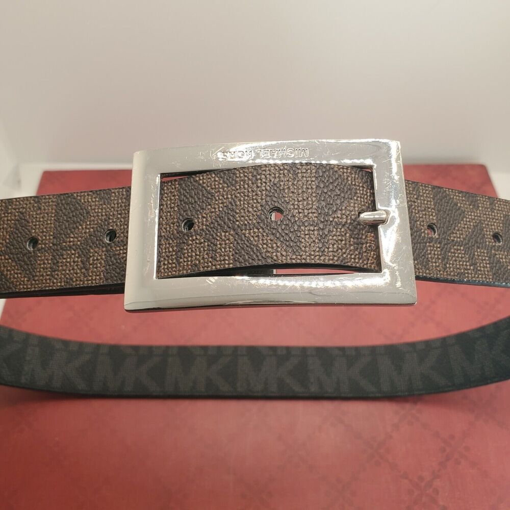 Michael Kors Women's S Rectangle Silver Buckle Reversible Black Brown Logo Belt